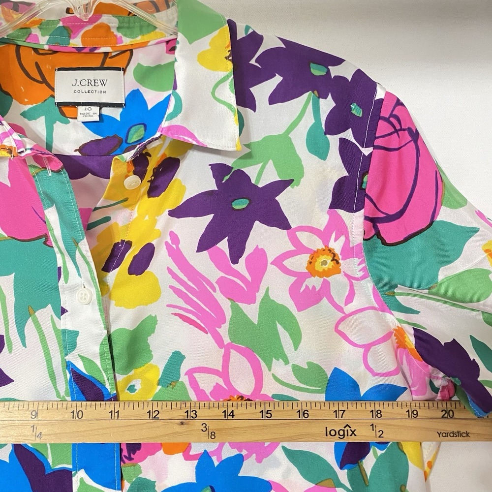 J Crew Collection Silk Blouse Shirt 10 Multicolor Floral Button Up Glam Cottage - Picture 3 of 10